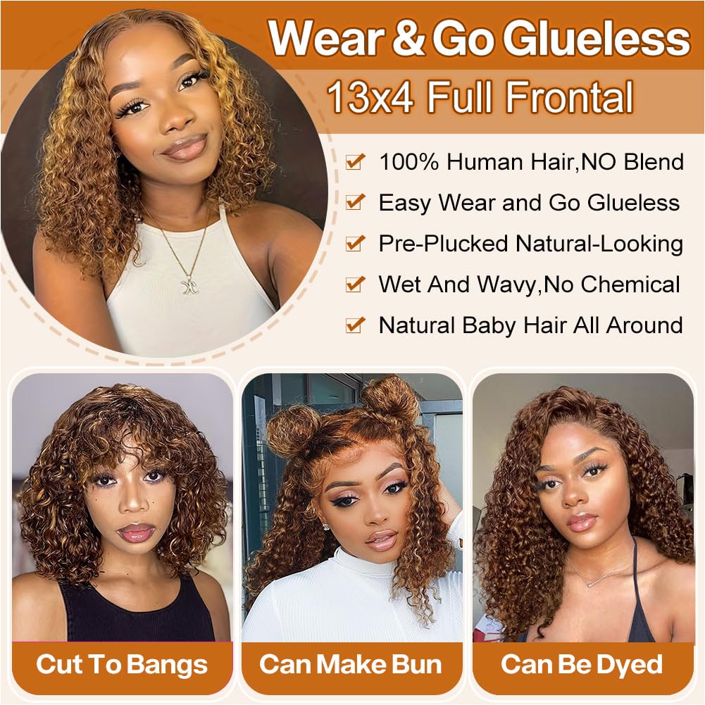 Ombre Highlight Deep Wave Curly Bob Wigs Human Hair Pre Plucked Wear And Go Glueless 13x4 Hd Honey Blonde Highlight Lace Front Wig Human Hair For Black Women Wet And Wavy 4/27 14 Inch - Image 5
