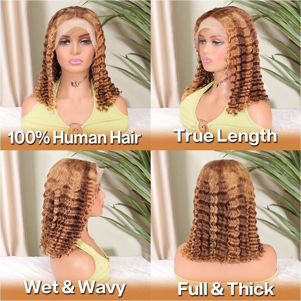 Ombre Highlight Deep Wave Curly Bob Wigs Human Hair Pre Plucked Wear And Go Glueless 13x4 Hd Honey Blonde Highlight Lace Front Wig Human Hair For Black Women Wet And Wavy 4/27 14 Inch - Image 3