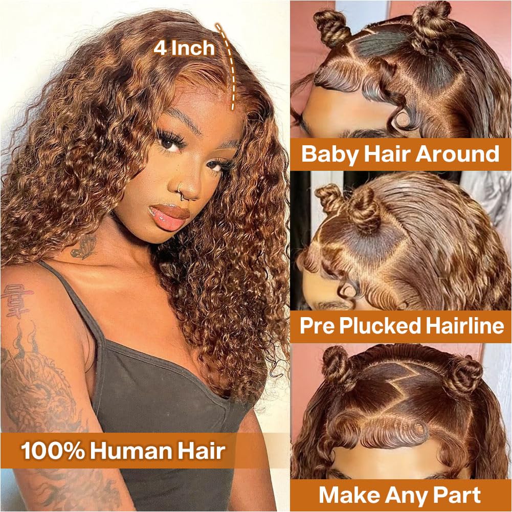 Ombre Highlight Deep Wave Curly Bob Wigs Human Hair Pre Plucked Wear And Go Glueless 13x4 Hd Honey Blonde Highlight Lace Front Wig Human Hair For Black Women Wet And Wavy 4/27 14 Inch - Image 2