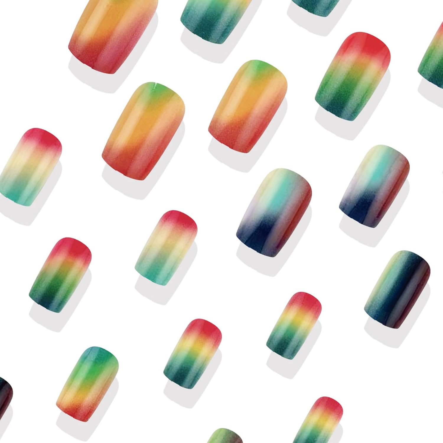 Ombre Press on Nails Colorful Gradient Smudge Fake Nails Medium Square False Nails Glossy Acrylic Nails Reusable Glue on Nails Spring Summer Full Cover Stick on Nails for Women 24Pcs - Image 5