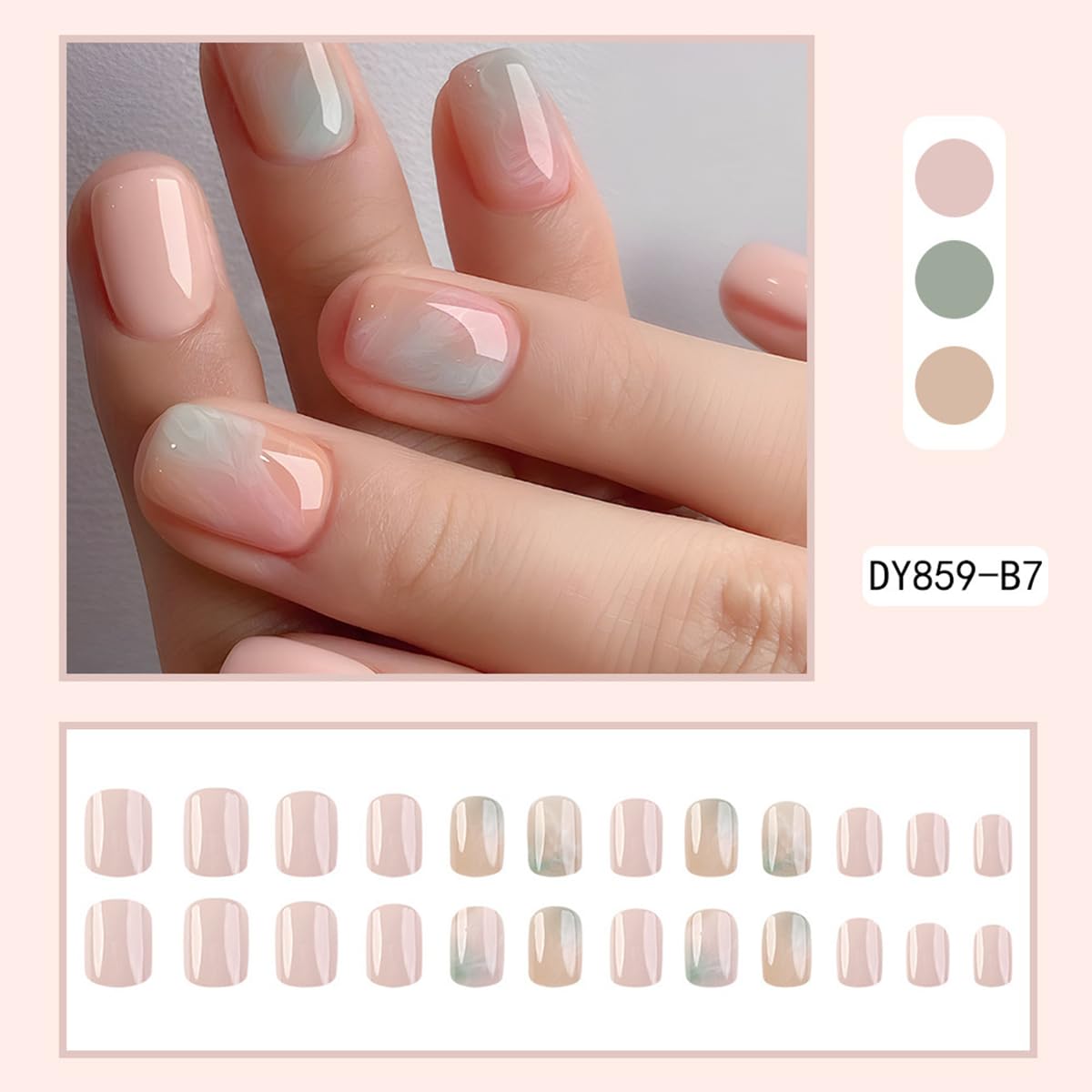 Ombre Press on Nails Short Squoval Fake Nails Marble False Nails with Design Pink Gradient Glue on Nails Full Cover Acrylic Stick on Nails Cute Oval Artificial Nails for Women Girls Manicure 24Pcs - Image 6