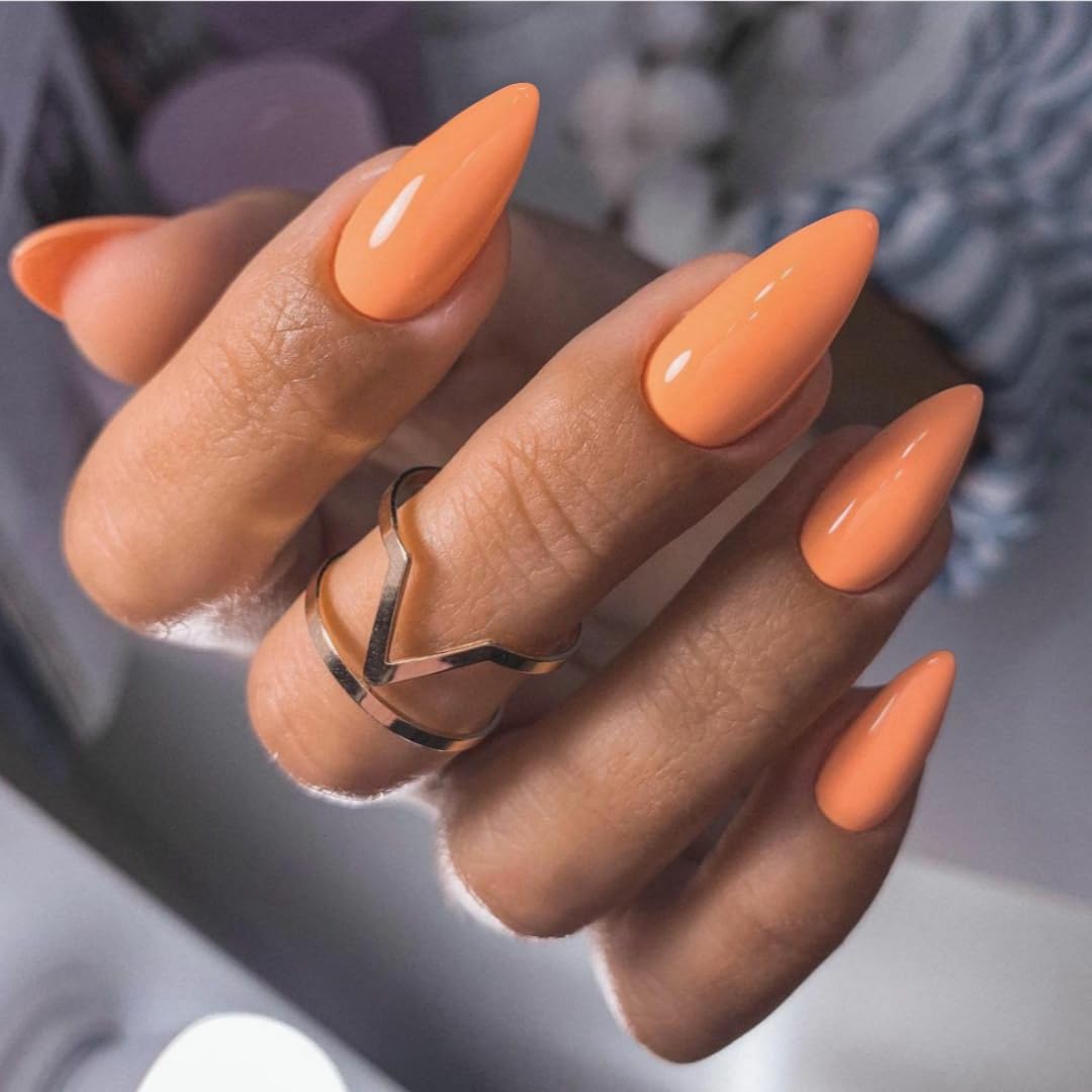Orange Press on Nails Almond Shaped Nails Press ons, Medium Fake Nails Almond Acrylic Nails Glue on Nail Medium Length False Nail for Women Thick Natural Gel Stiletto 24Pcs