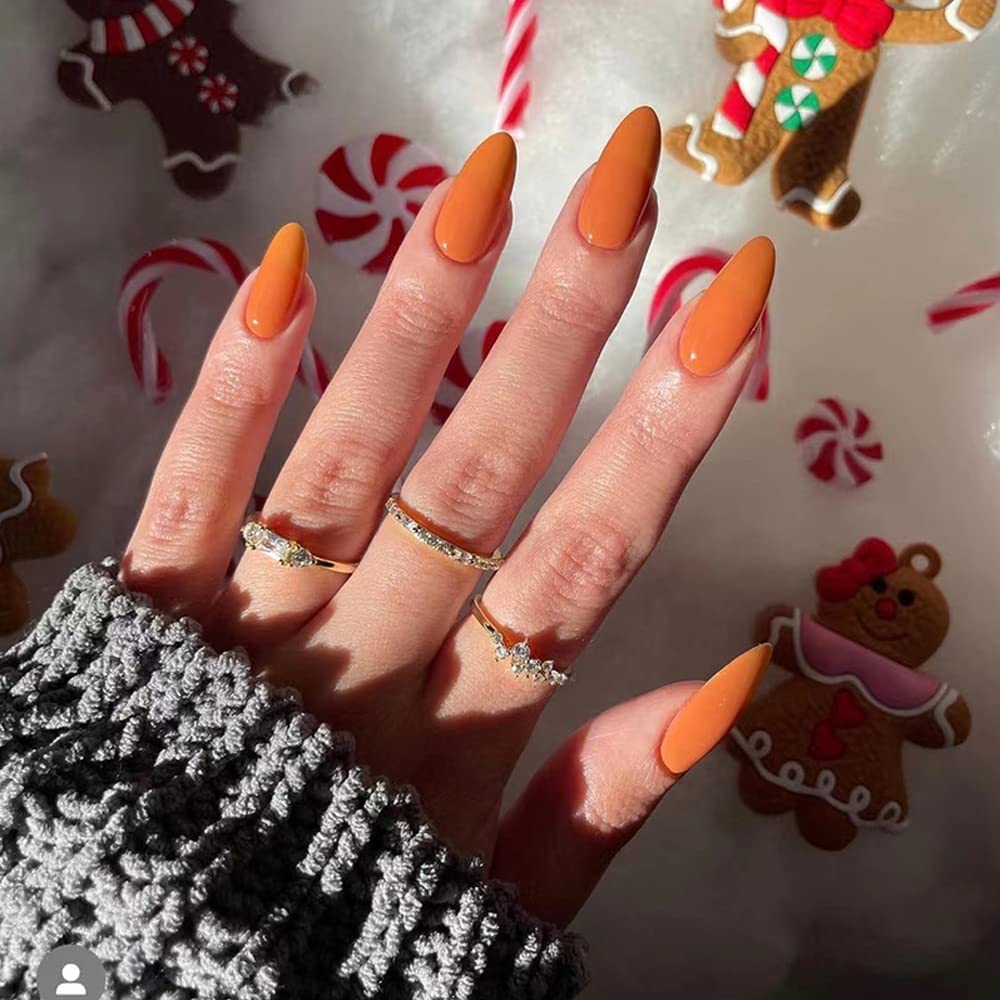 Orange Press on Nails Almond Shaped Nails Press ons, Medium Fake Nails Almond Acrylic Nails Glue on Nail Medium Length False Nail for Women Thick Natural Gel Stiletto 24Pcs - Image 3