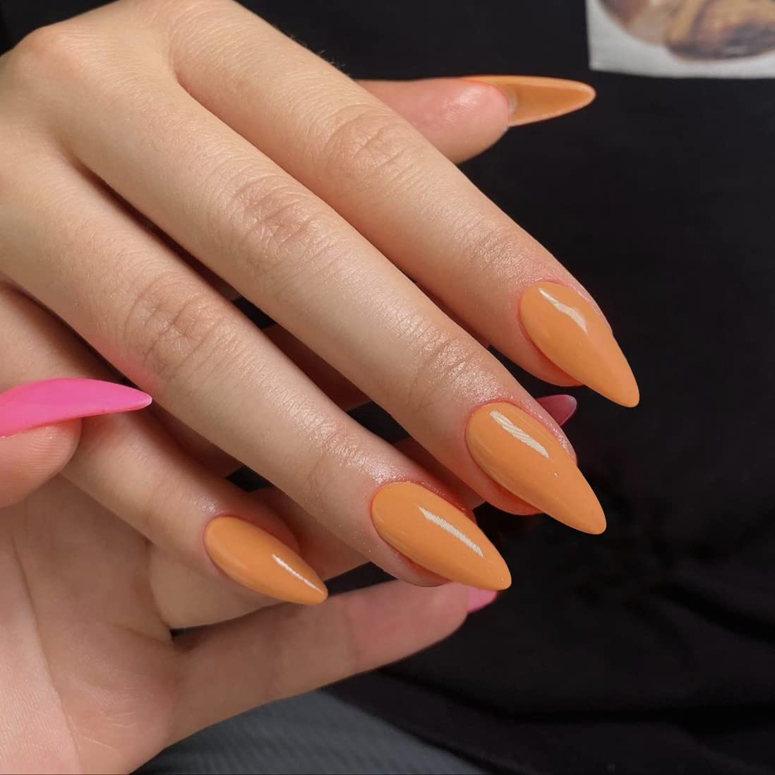 Orange Press on Nails Almond Shaped Nails Press ons, Medium Fake Nails Almond Acrylic Nails Glue on Nail Medium Length False Nail for Women Thick Natural Gel Stiletto 24Pcs - Image 2