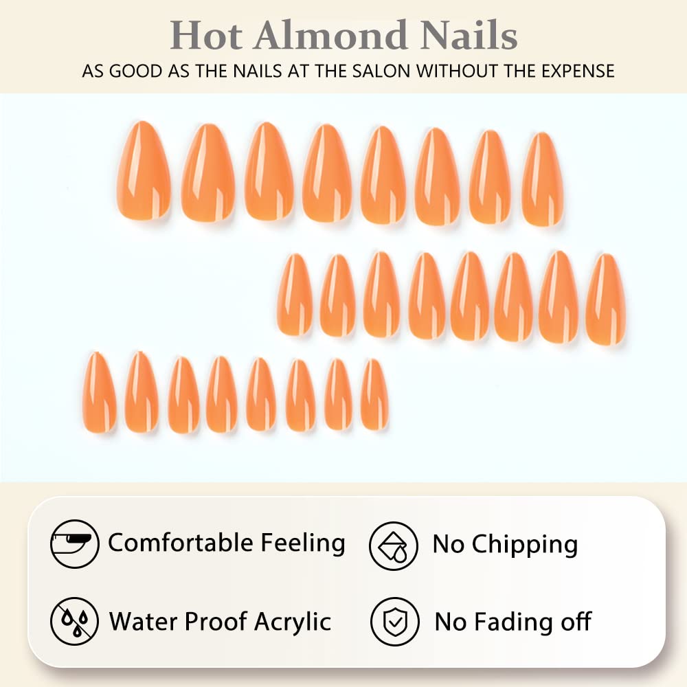 Orange Press on Nails Almond Shaped Nails Press ons, Medium Fake Nails Almond Acrylic Nails Glue on Nail Medium Length False Nail for Women Thick Natural Gel Stiletto 24Pcs - Image 4