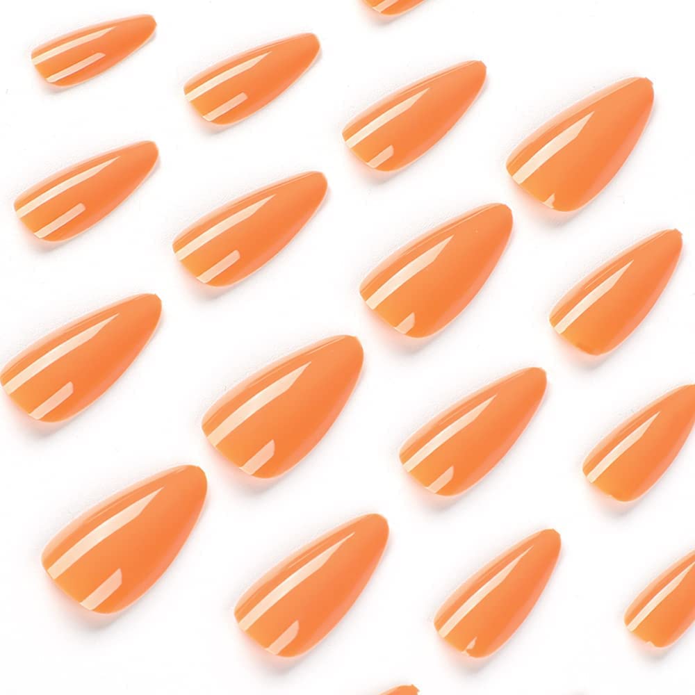 Orange Press on Nails Almond Shaped Nails Press ons, Medium Fake Nails Almond Acrylic Nails Glue on Nail Medium Length False Nail for Women Thick Natural Gel Stiletto 24Pcs - Image 5