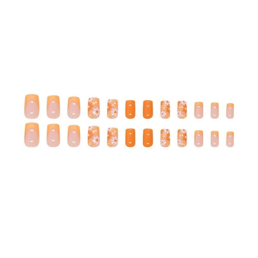 Orange Press on Nails Flower Fake Nails Nude False Nails with Design French Tip Glue on Nails Glossy Artificial Acrylic Nail Full Cover Stick on Nails for Women Manicure 24Pcs' - Image 2