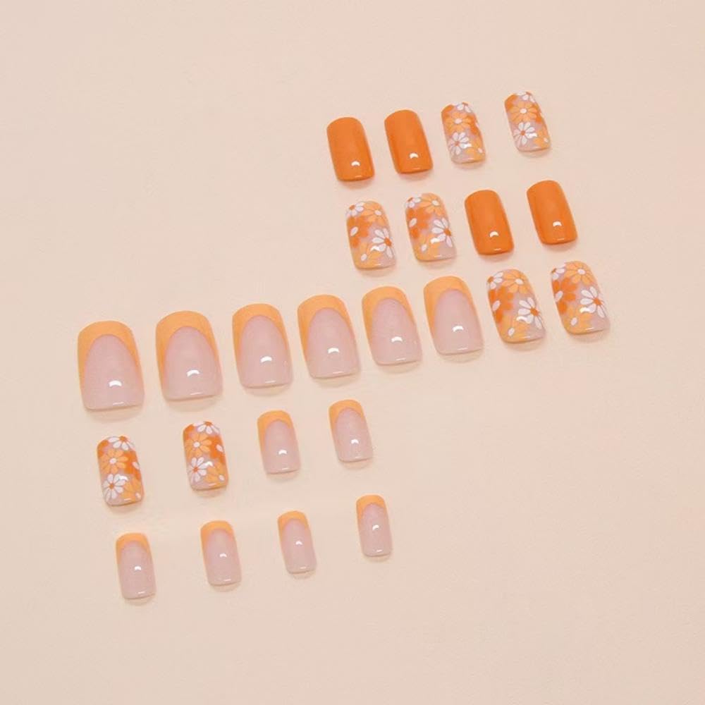 Orange Press on Nails Flower Fake Nails Nude False Nails with Design French Tip Glue on Nails Glossy Artificial Acrylic Nail Full Cover Stick on Nails for Women Manicure 24Pcs' - Image 4