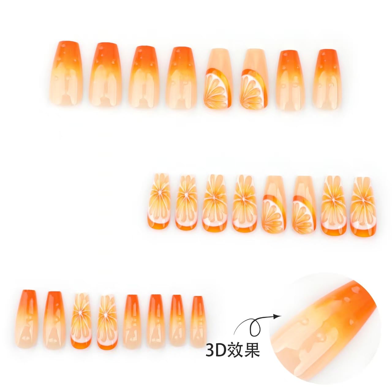 Orange Press on Nails Ombre Fake Nails with 3D Fruit Design Glossy Glue on Nails Artificial Acrylic Full Cover Stick on Nails Medium Coffin False Nails for Women Girls Spring Summer Manicure 24Pcs - Image 3