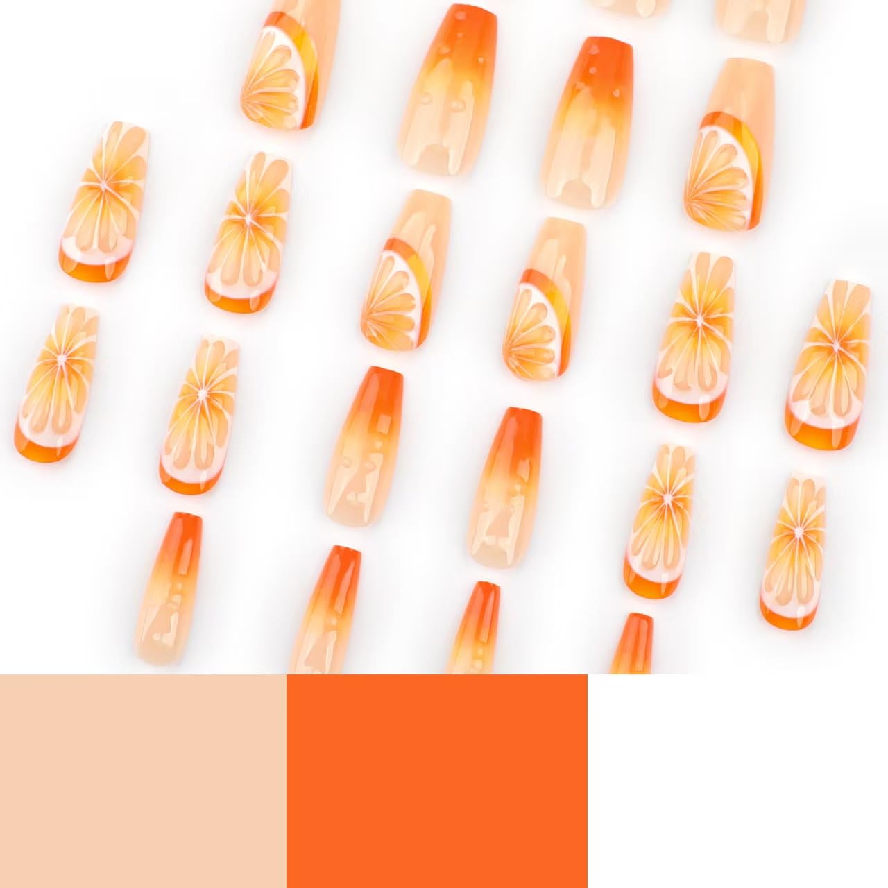 Orange Press on Nails Ombre Fake Nails with 3D Fruit Design Glossy Glue on Nails Artificial Acrylic Full Cover Stick on Nails Medium Coffin False Nails for Women Girls Spring Summer Manicure 24Pcs - Image 5