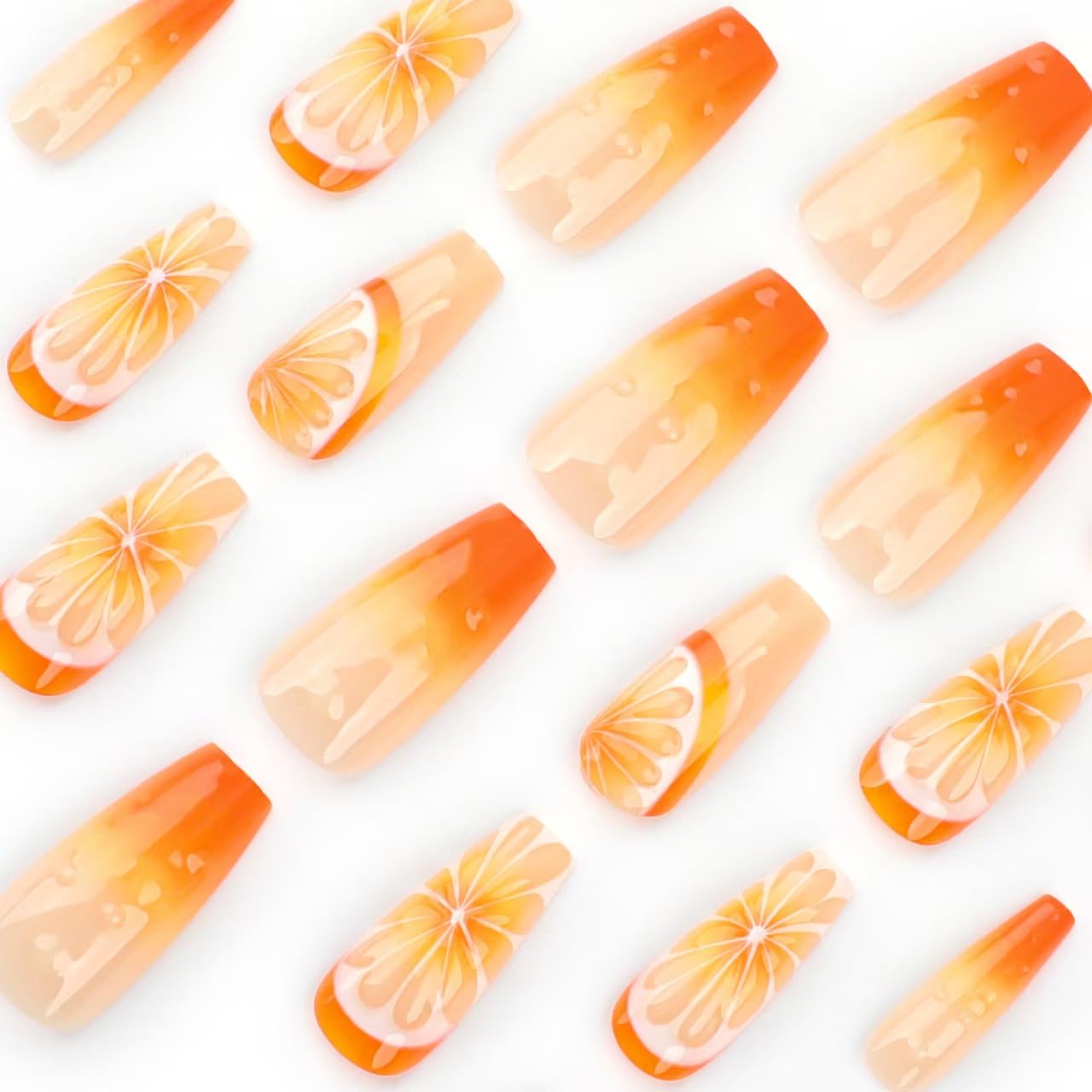 Orange Press on Nails Ombre Fake Nails with 3D Fruit Design Glossy Glue on Nails Artificial Acrylic Full Cover Stick on Nails Medium Coffin False Nails for Women Girls Spring Summer Manicure 24Pcs - Image 2