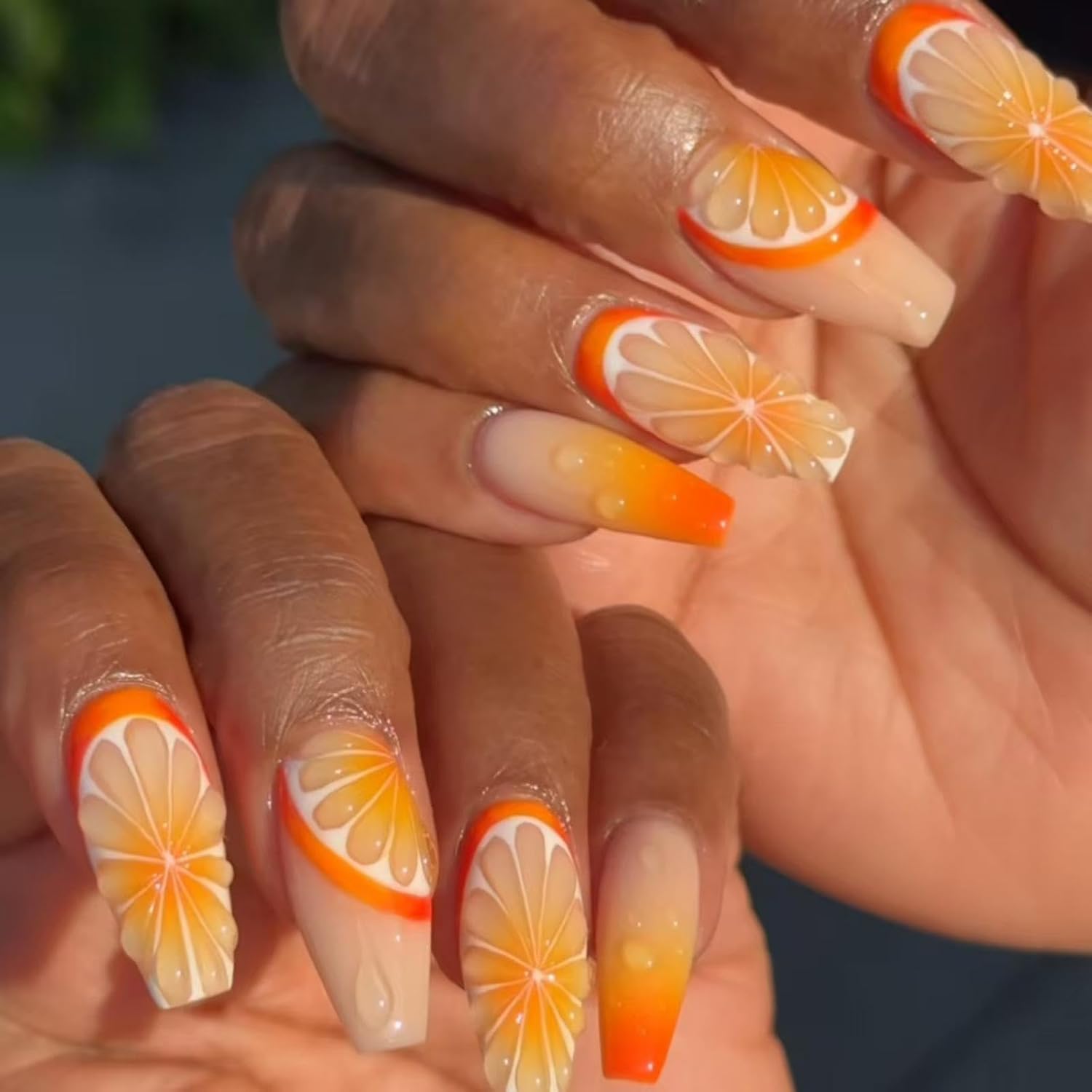 Orange Press on Nails Ombre Fake Nails with 3D Fruit Design Glossy Glue on Nails Artificial Acrylic Full Cover Stick on Nails Medium Coffin False Nails for Women Girls Spring Summer Manicure 24Pcs