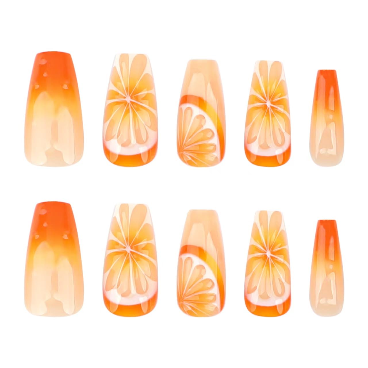 Orange Press on Nails Ombre Fake Nails with 3D Fruit Design Glossy Glue on Nails Artificial Acrylic Full Cover Stick on Nails Medium Coffin False Nails for Women Girls Spring Summer Manicure 24Pcs - Image 4