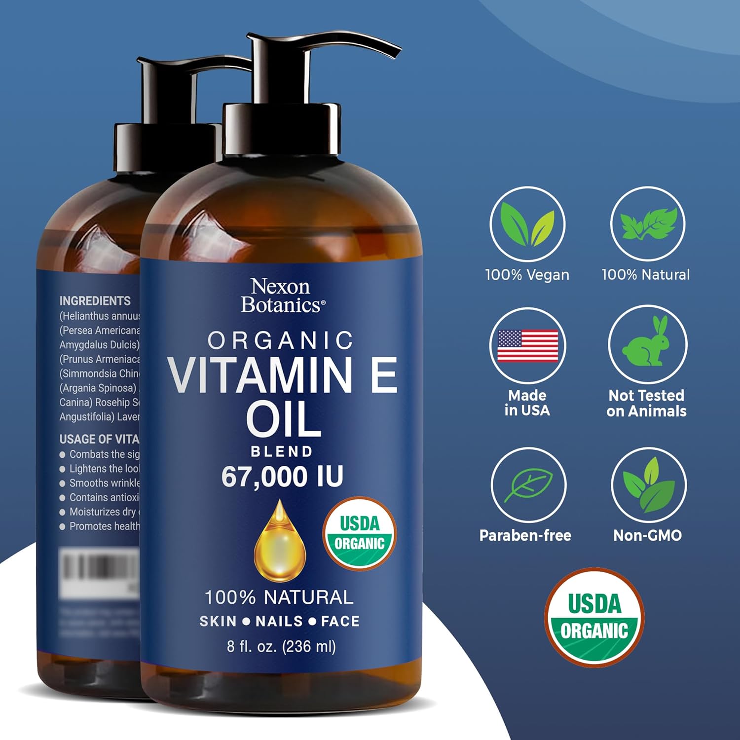 Organic Vitamin E Oil Blend 67,000 IU - 8 fl oz - Made from Pure, Natural Oils for Skin, Scars & Face - Aceite de Vitamina E - Nexon Botanics - Image 2