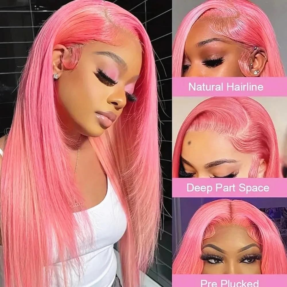 ORIGEN Pink Lace Front Wigs with Baby Hair for Black Women Human Hair Pre Plucked Straight Colored 13x4 Lace Frontal Glueless Wig 26 Inch 180% Density - Image 4
