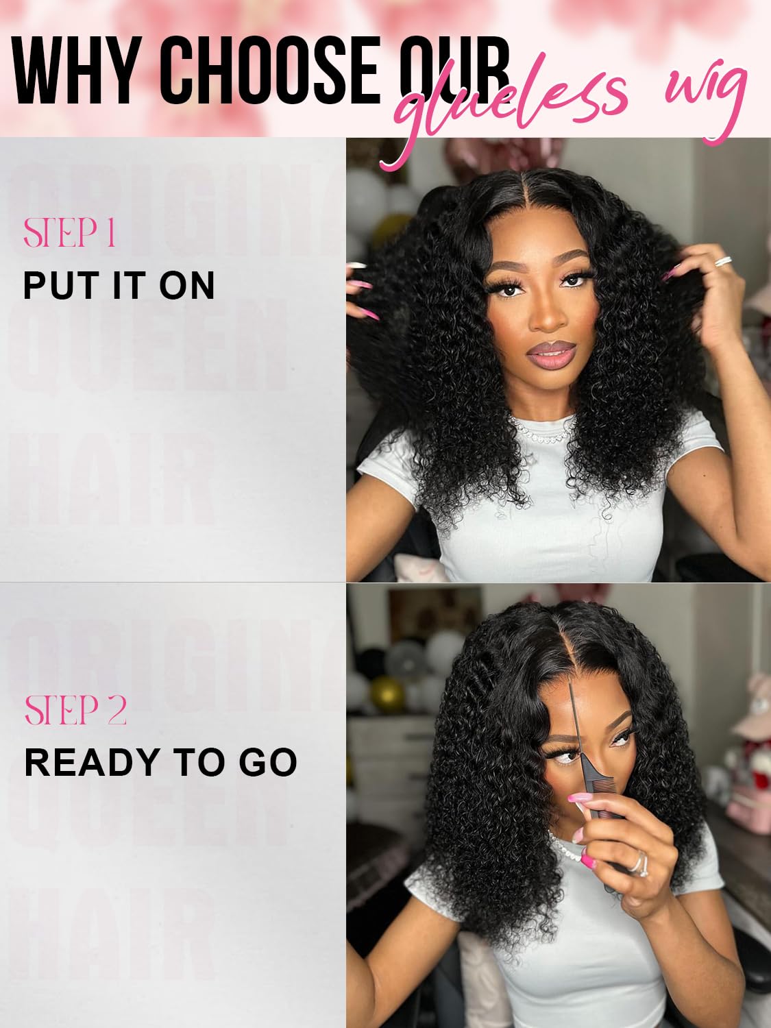 ORIGINAL QUEEN OQ Hair Glueless Wigs Human Hair 5x7 Water Wave Bob Wig Human Hair Wear and Go Glueless Wig Pre Plucked Pre Cut Deep Curly Short Wigs Human Hair for Women 180% Density 12Inch - Image 4