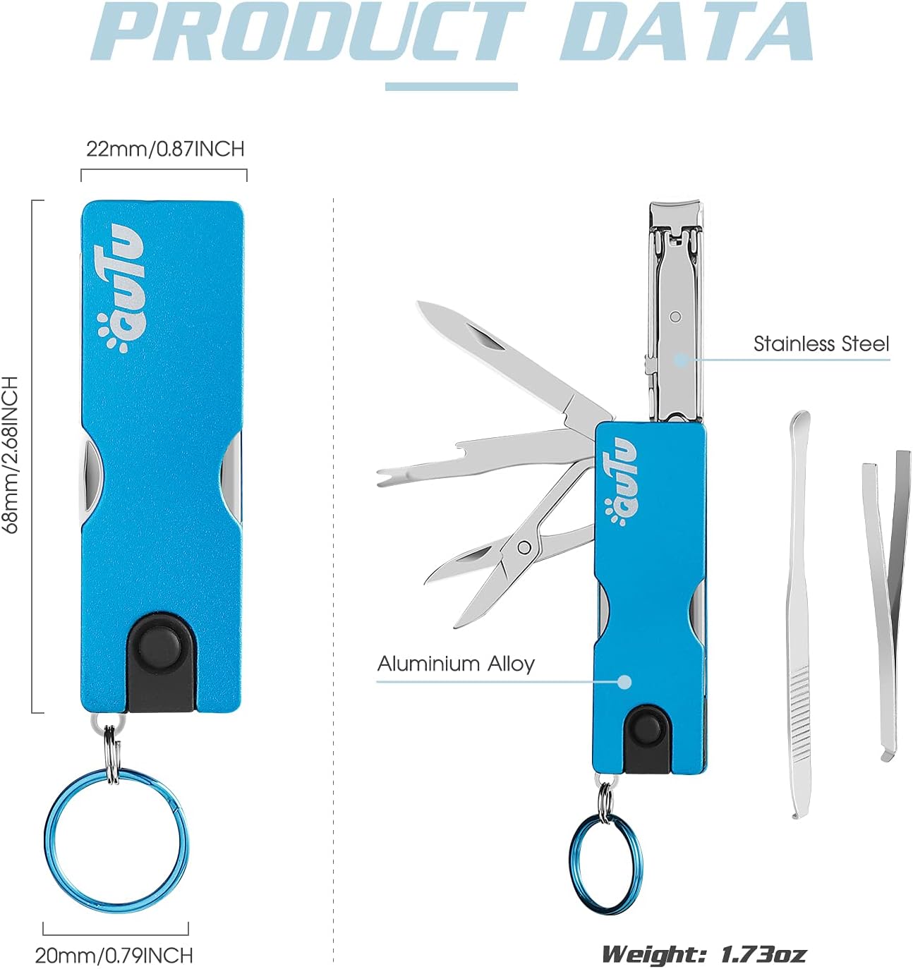 OUTU Keychain Nail Clippers Multitool, 8 in 1 EDC Utility Tool with Nail Clipper, Scissors, Tweezers, Gifts for Him Men Husband Dad Boyfriend (Blue) - Image 4