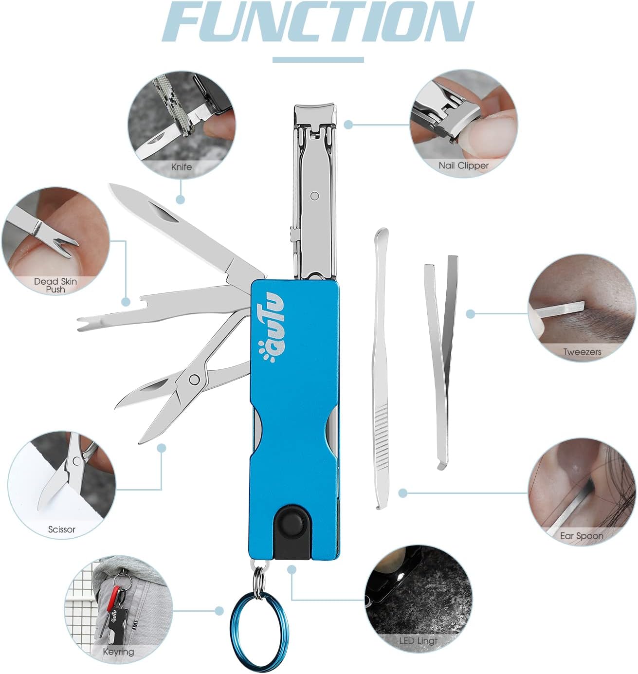 OUTU Keychain Nail Clippers Multitool, 8 in 1 EDC Utility Tool with Nail Clipper, Scissors, Tweezers, Gifts for Him Men Husband Dad Boyfriend (Blue) - Image 2