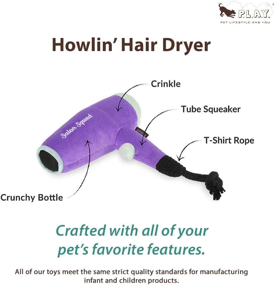 P.L.A.Y. Cute Plush Dog Toy Splish Splash Bathtime Howlin' Hair Dryer Durable Squeaker Chew Toy Machine Washable - Image 4