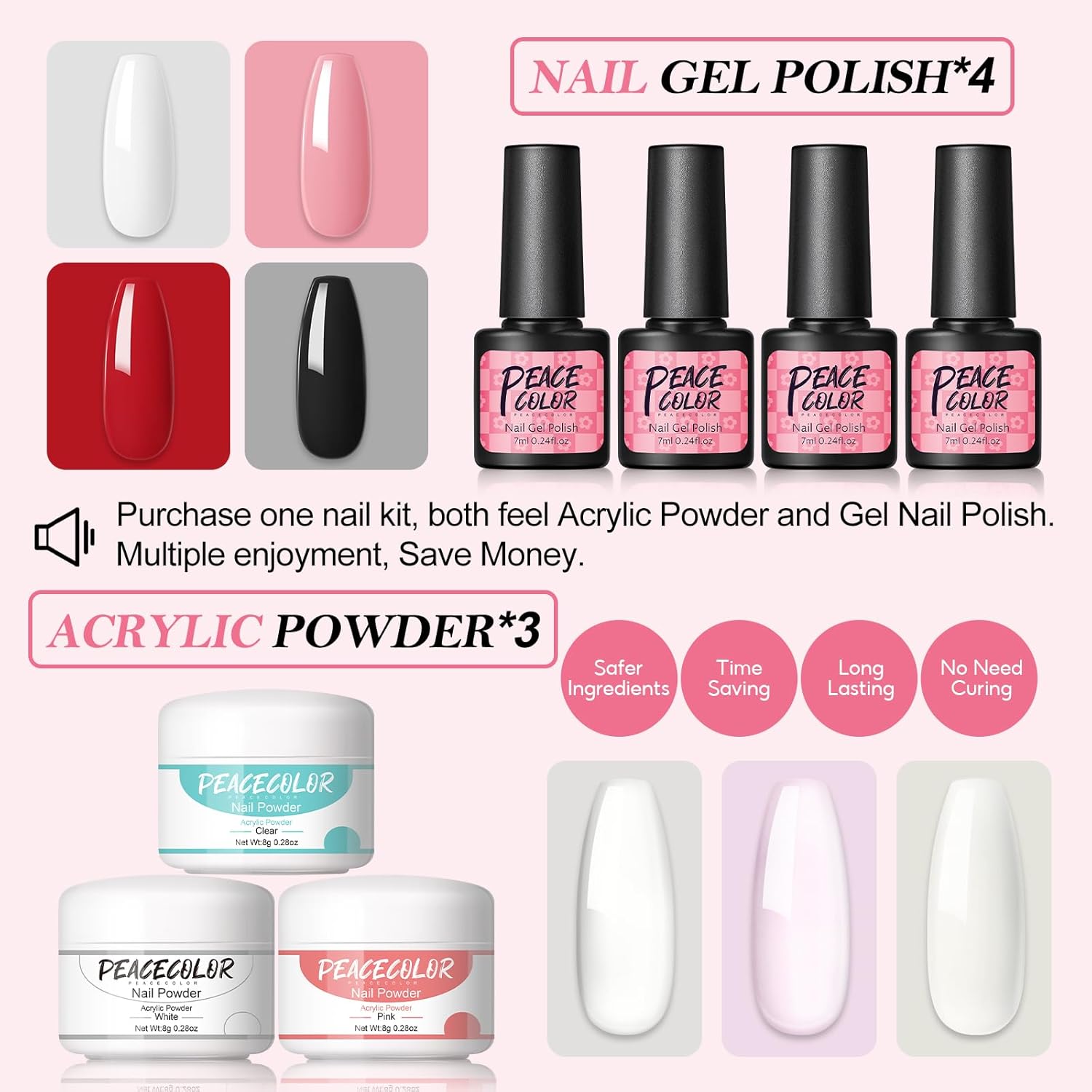 Peacecolor Complete Acrylic Nail Kit with Drill U V Lamp, 3PC Acrylic Powder 4PC Gel Polish 18PC Glitter Powders Pink White Nude Clear, Beginner Set for DIY Home Salons - Image 2