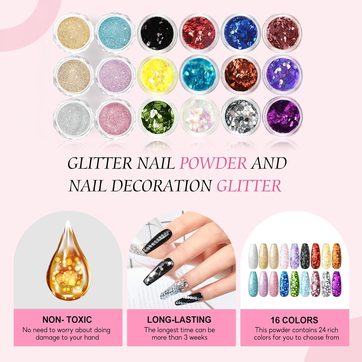 Peacecolor Complete Acrylic Nail Kit with Drill U V Lamp, 3PC Acrylic Powder 4PC Gel Polish 18PC Glitter Powders Pink White Nude Clear, Beginner Set for DIY Home Salons - Image 5
