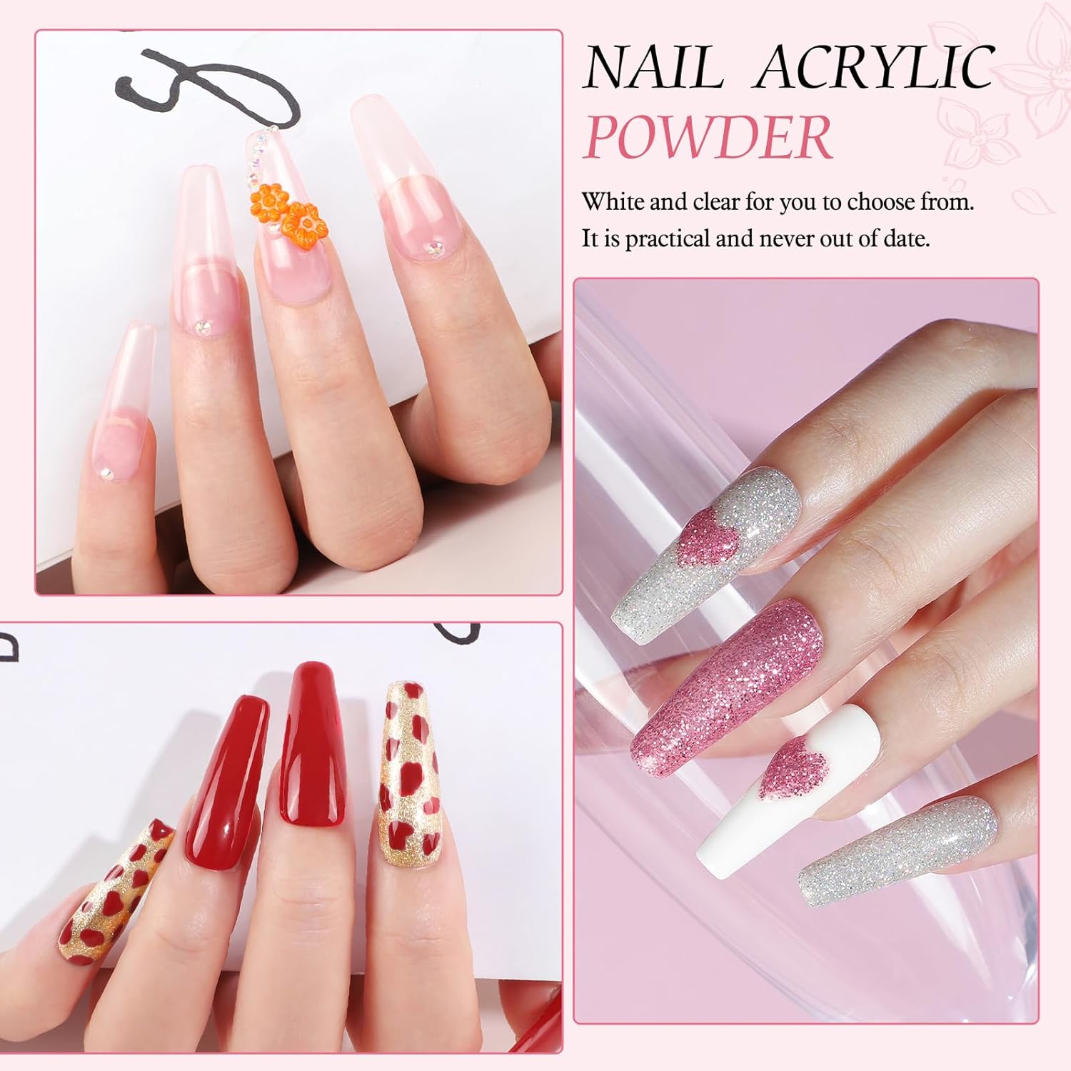 Peacecolor Complete Acrylic Nail Kit with Drill U V Lamp, 3PC Acrylic Powder 4PC Gel Polish 18PC Glitter Powders Pink White Nude Clear, Beginner Set for DIY Home Salons - Image 6
