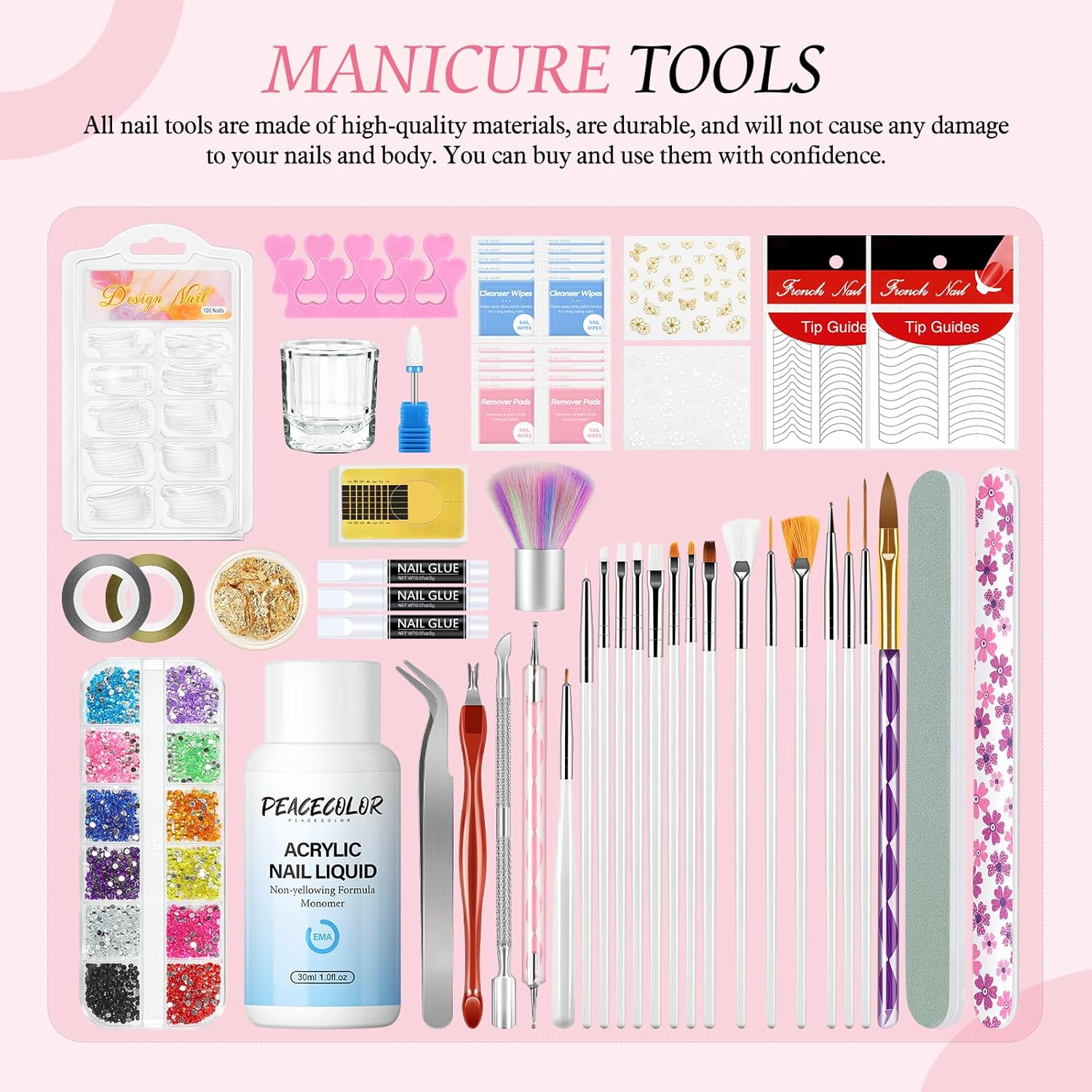 Peacecolor Complete Acrylic Nail Kit with Drill U V Lamp, 3PC Acrylic Powder 4PC Gel Polish 18PC Glitter Powders Pink White Nude Clear, Beginner Set for DIY Home Salons - Image 7