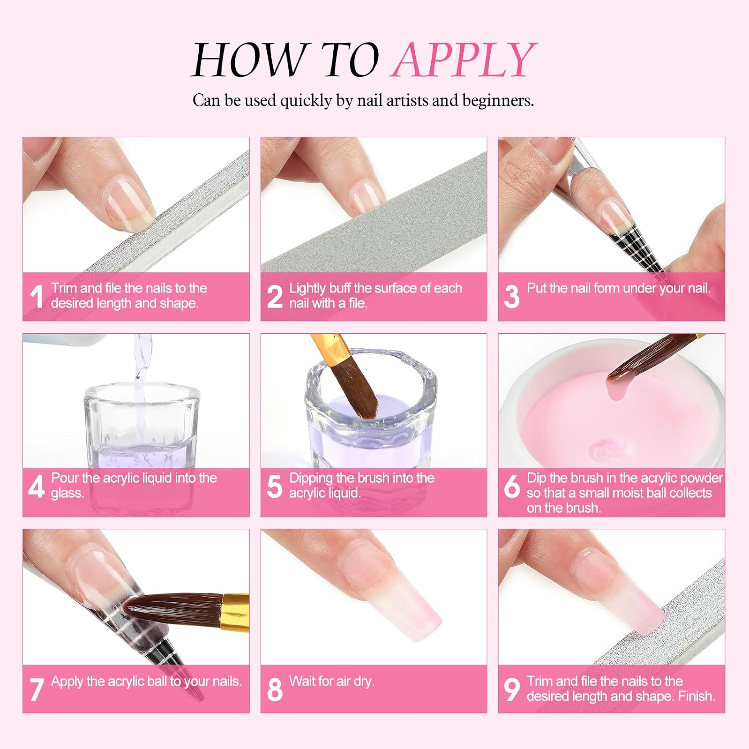 Peacecolor Complete Acrylic Nail Kit with Drill U V Lamp, 3PC Acrylic Powder 4PC Gel Polish 18PC Glitter Powders Pink White Nude Clear, Beginner Set for DIY Home Salons - Image 8