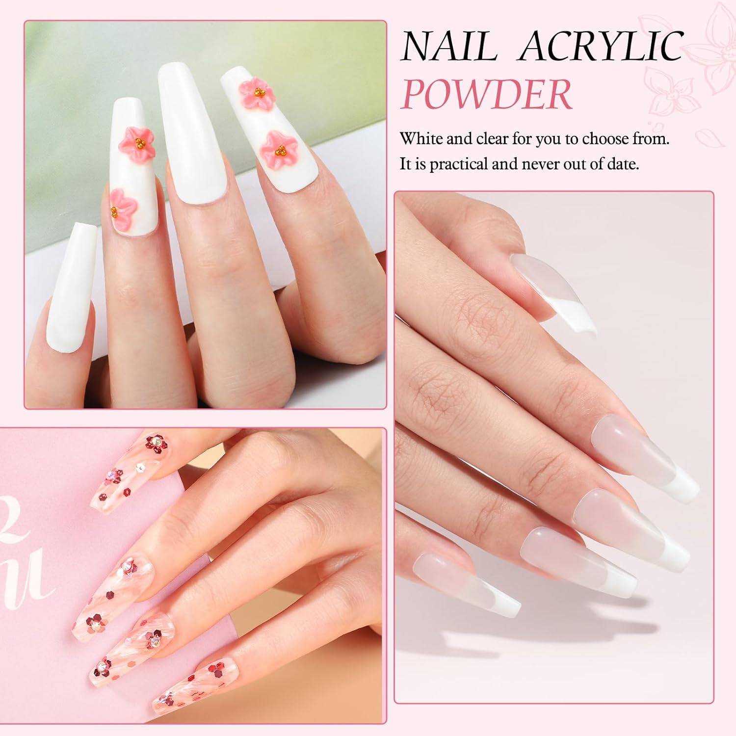 Peacecolor Complete Acrylic Nail Kit with Drill U V Lamp, 3PC Acrylic Powder 4PC Gel Polish 18PC Glitter Powders Pink White Nude Clear, Beginner Set for DIY Home Salons - Image 9