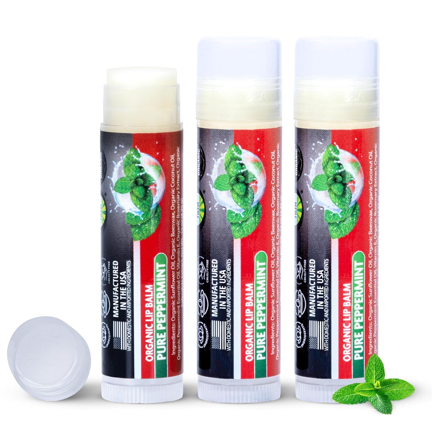 Peppermint Lip Balm Bulk 3 Pack, Organic Mint Lip Balm for Men and Women, Moisturizing Dry Lips, All Natural Sunflower Oil, Coconot Oil, Beeswax, Vitamin E, Non Toxic, USDA Organic, Made in USA