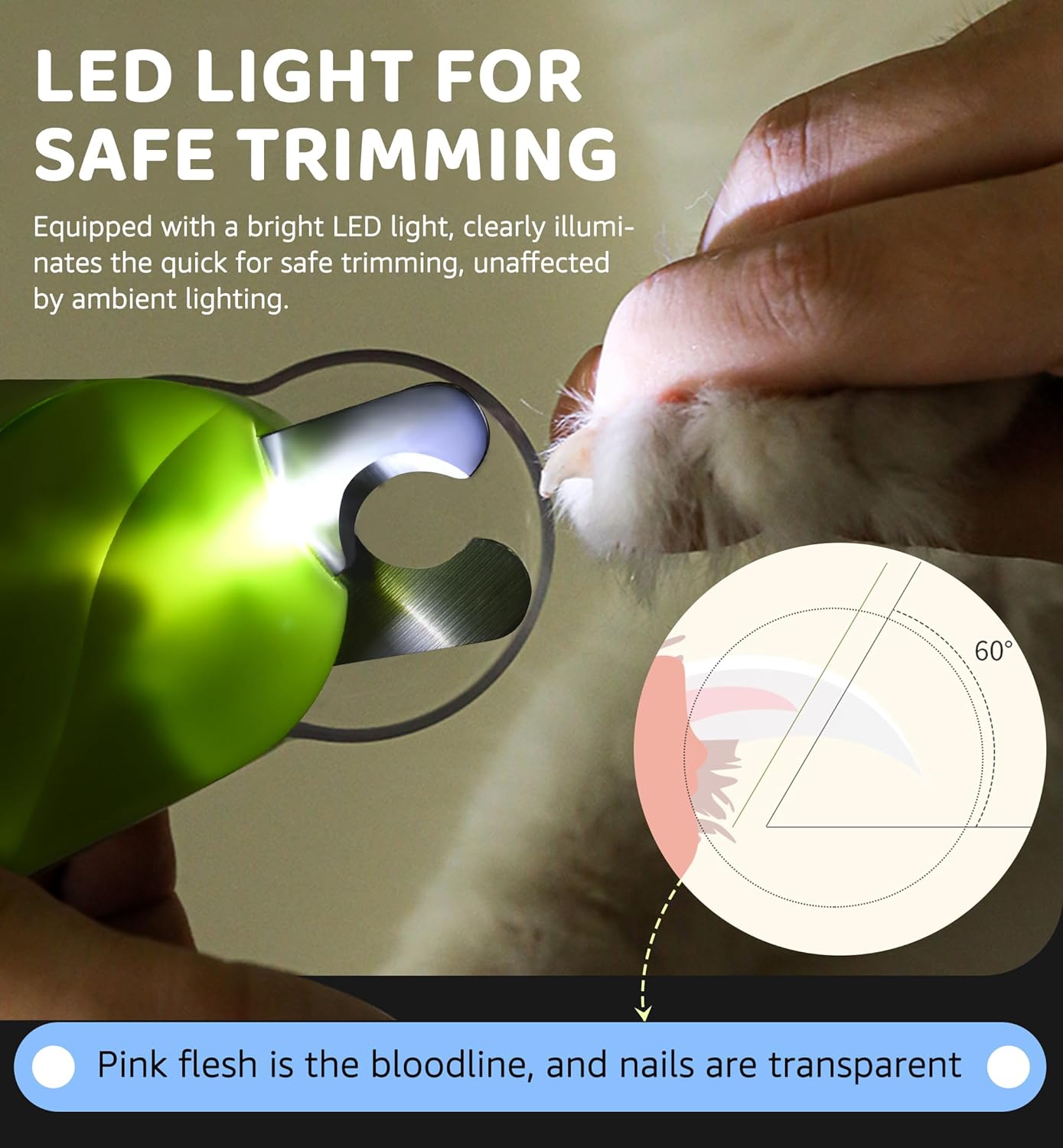 Pet Nail Clipper with Light for Cats & Small Dogs Puppies, Ultra Bright LED to Illuminate Nail Bloodline to Avoid Over Cutting, Extra-Sharp and Durable Cat Claw Trimmer with Nail File (Green) - Image 3