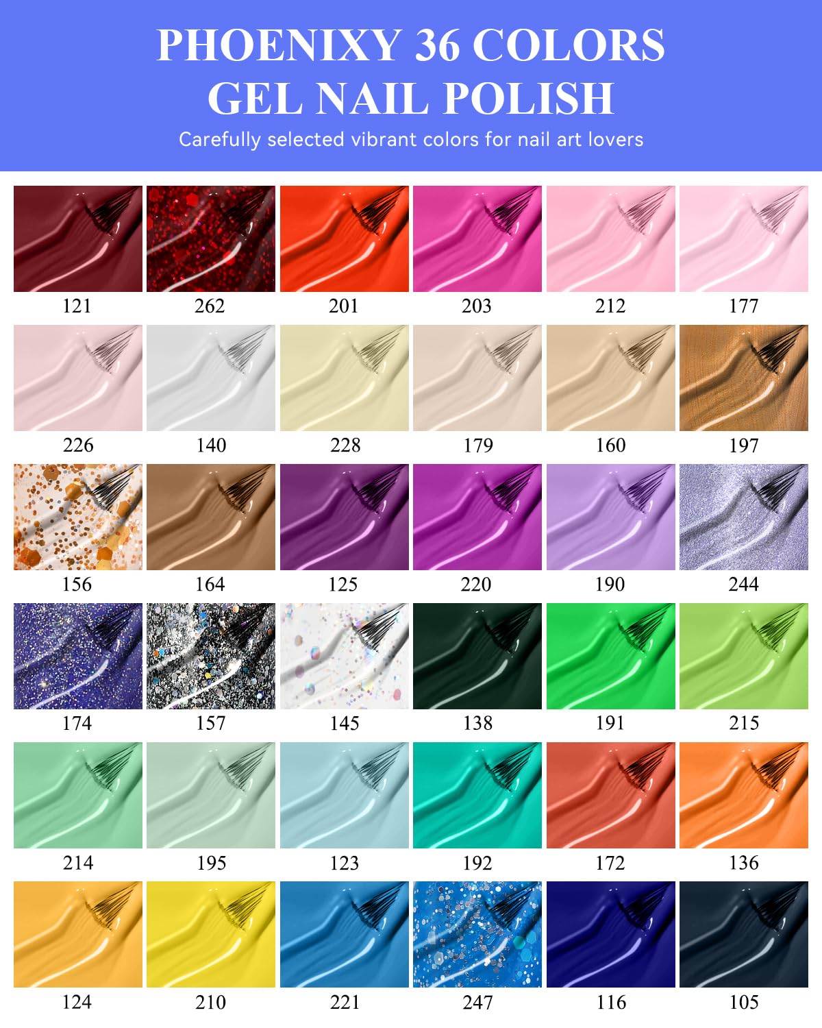 PHOENIXY Gel Nail Polish, 36 Colors Gel Polish Set with 4 Pcs Base Matte Glossy Top Coat Gel Polish Kit Soak Off UV Gel Nail Polish Set Manicure at Home Gift for Women (PCE9009) - Image 2