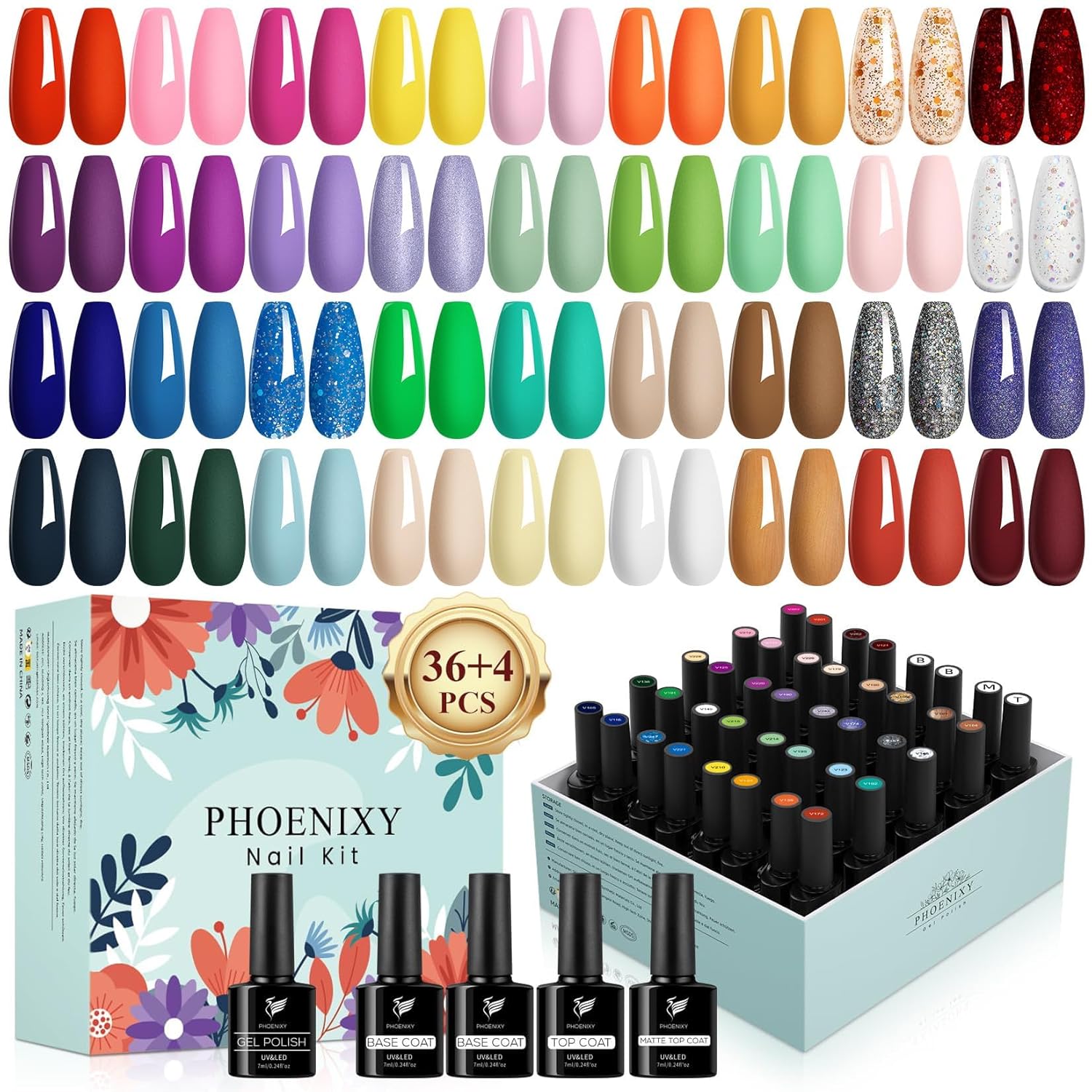 PHOENIXY Gel Nail Polish, 36 Colors Gel Polish Set with 4 Pcs Base Matte Glossy Top Coat Gel Polish Kit Soak Off UV Gel Nail Polish Set Manicure at Home Gift for Women (PCE9009)