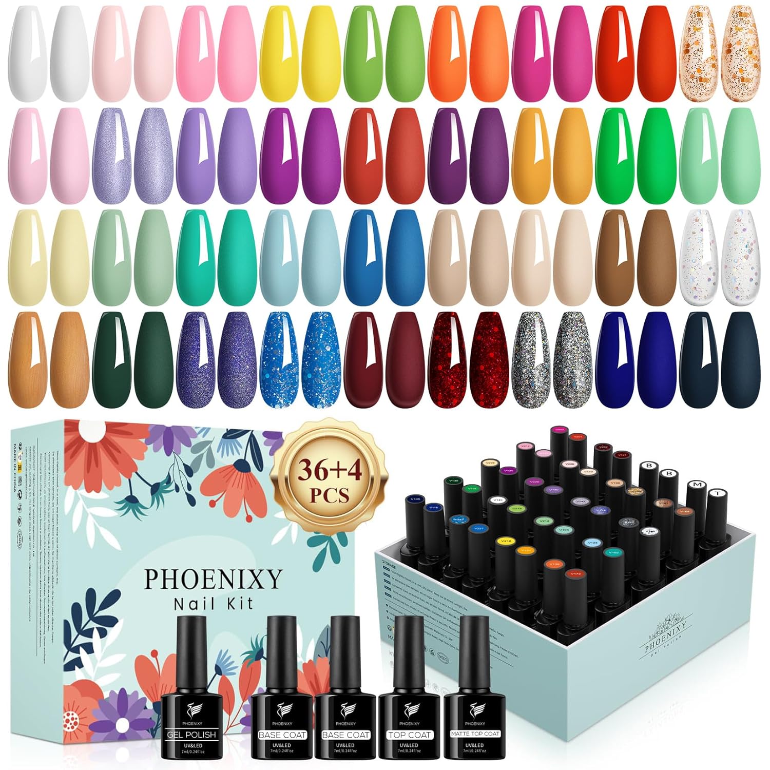 PHOENIXY Gel Nail Polish, 36 Colors Gel Polish Set with 4 Pcs Base Matte Glossy Top Coat Gel Polish Kit Soak Off UV Gel Nail Polish Set Manicure at Home Gift for Women (PCE9009) - Image 9