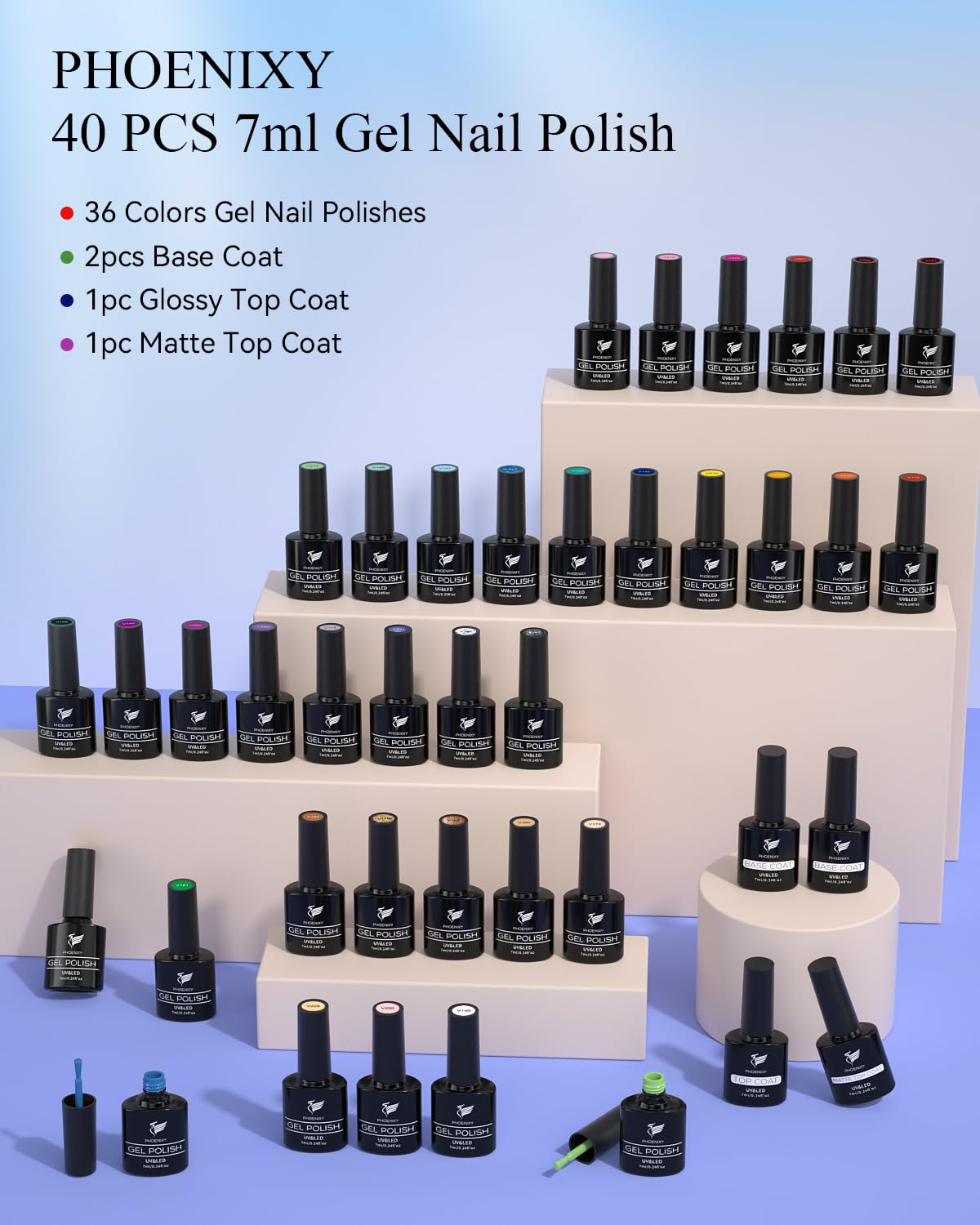 PHOENIXY Gel Nail Polish, 36 Colors Gel Polish Set with 4 Pcs Base Matte Glossy Top Coat Gel Polish Kit Soak Off UV Gel Nail Polish Set Manicure at Home Gift for Women (PCE9009) - Image 7