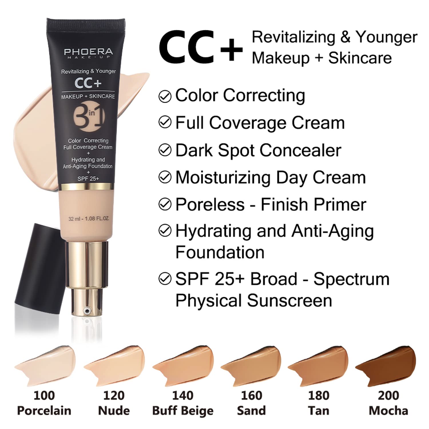 PHOERA Foundation Full Coverage,PHOERA CC Cream Color Correcting Anti Aging Hydrating Serum &SPF 25+,PHOERA Makeup Wrinkles Matte Natural Finish for a Flawless Complexion(102+120/Nude+Nude) - Image 5