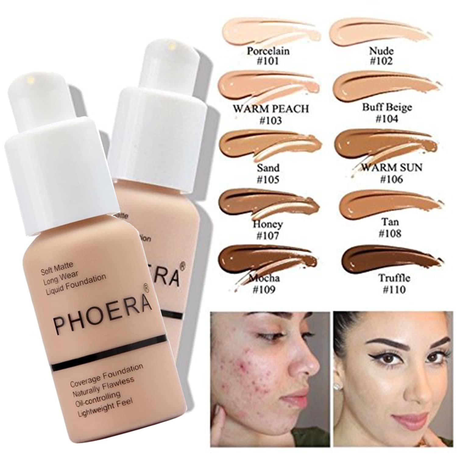 PHOERA Foundation,Full Coverage Foundation, Primer,Powder,Concealer, Makeup Setation Brush Powder Brush,2 Makeup Sponge(2 PCS #103 Warm peach) - Image 2
