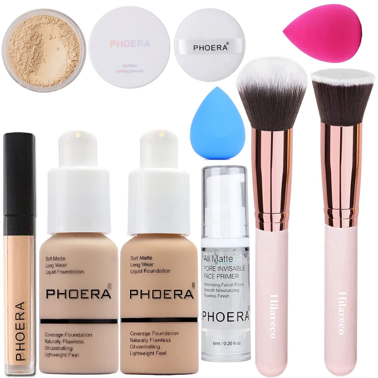PHOERA Foundation,Full Coverage Foundation, Primer,Powder,Concealer, Makeup Setation Brush Powder Brush,2 Makeup Sponge(2 PCS #103 Warm peach)