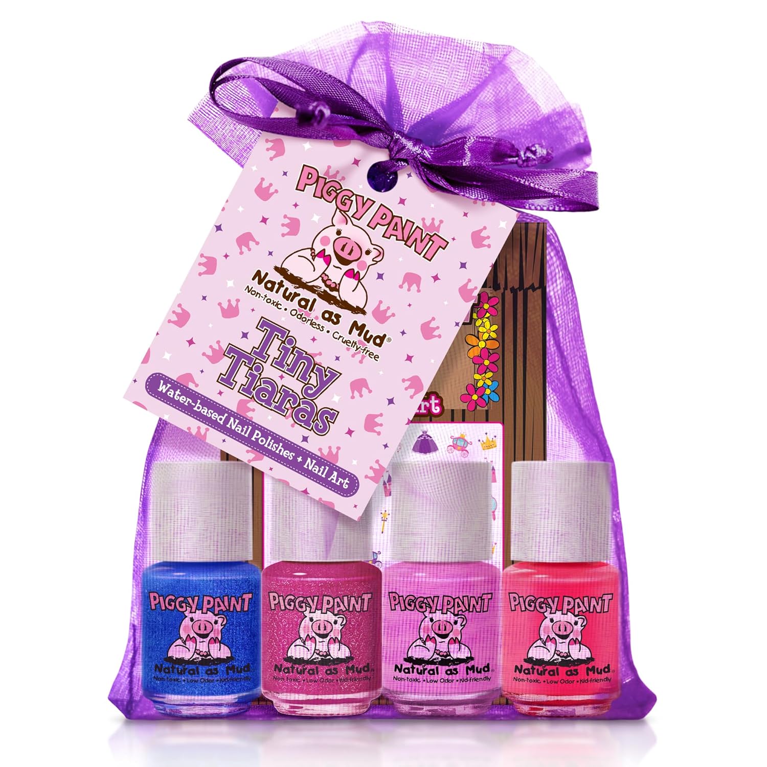 Piggy Paint | 100% Non-Toxic Girls Nail Polish | Safe, Cruelty-free, Vegan, & Low Odor for Kids | Tiny Tiaras (4 Polish + Nail Art Gift Set)