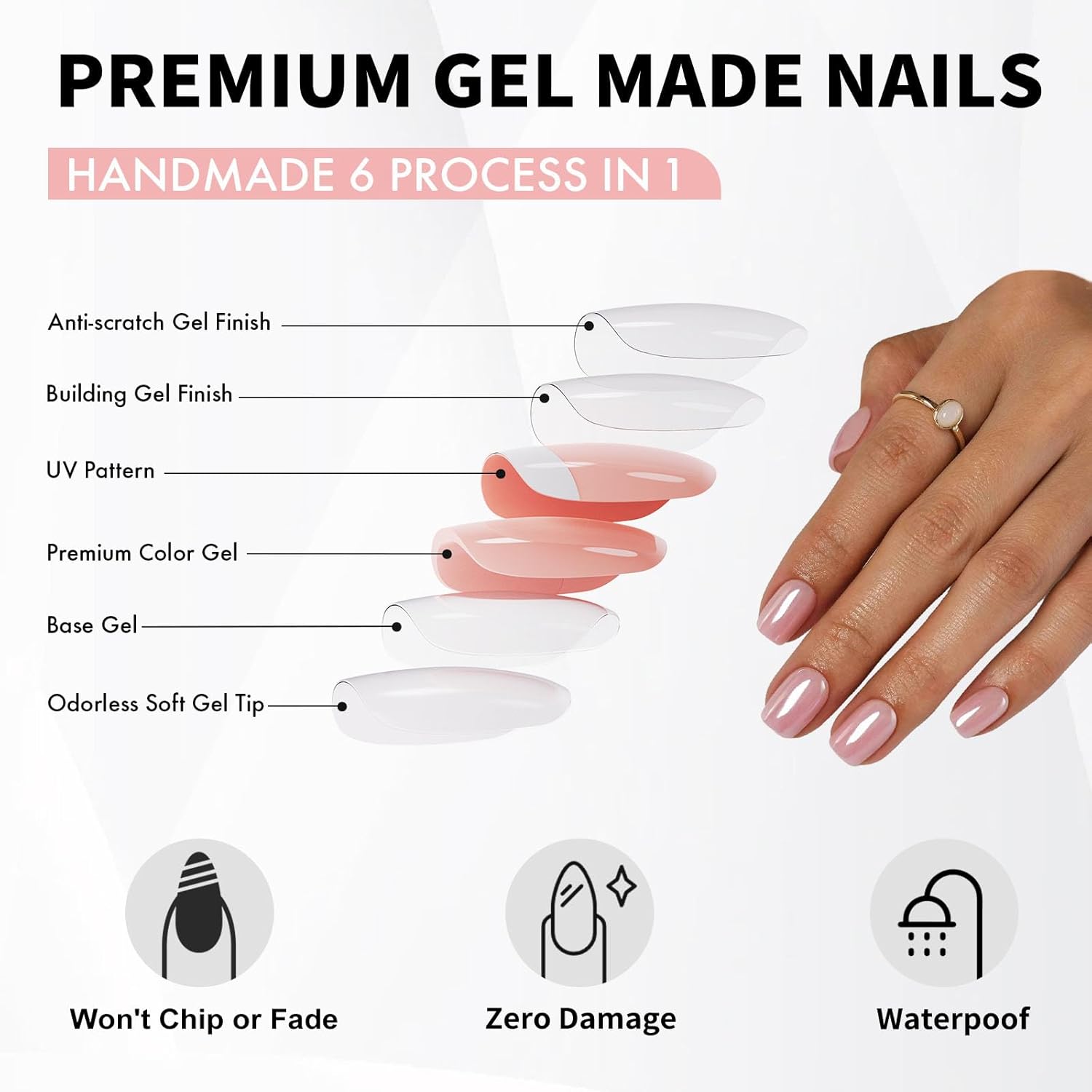 Pink Chrome Press on Nails Square - Soft Gel Press on Nails Short for Women Gift, Glossy Stick on Nails with Glue in 16 Sizes - 32 Reusable Fake Nails, Aurora Light Pink - Image 3