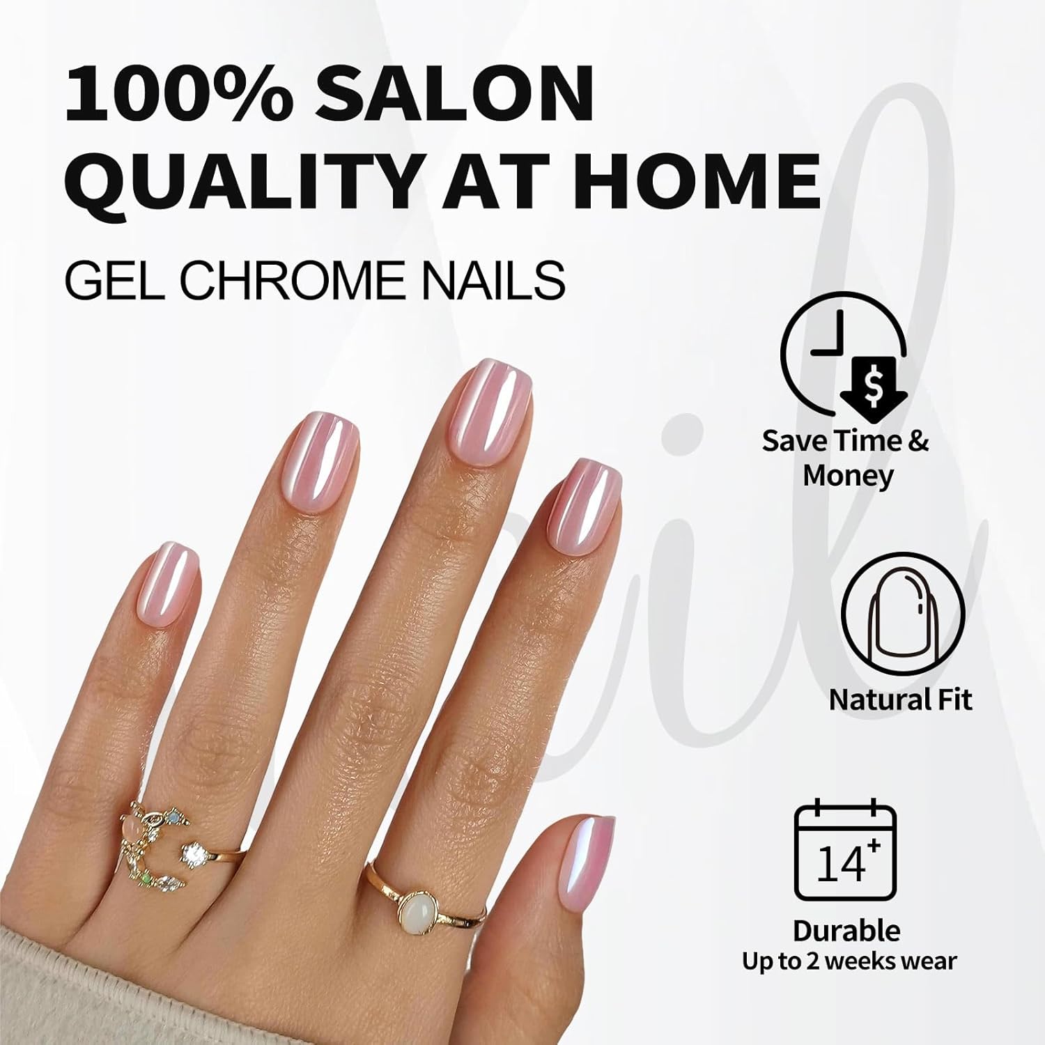Pink Chrome Press on Nails Square - Soft Gel Press on Nails Short for Women Gift, Glossy Stick on Nails with Glue in 16 Sizes - 32 Reusable Fake Nails, Aurora Light Pink - Image 2