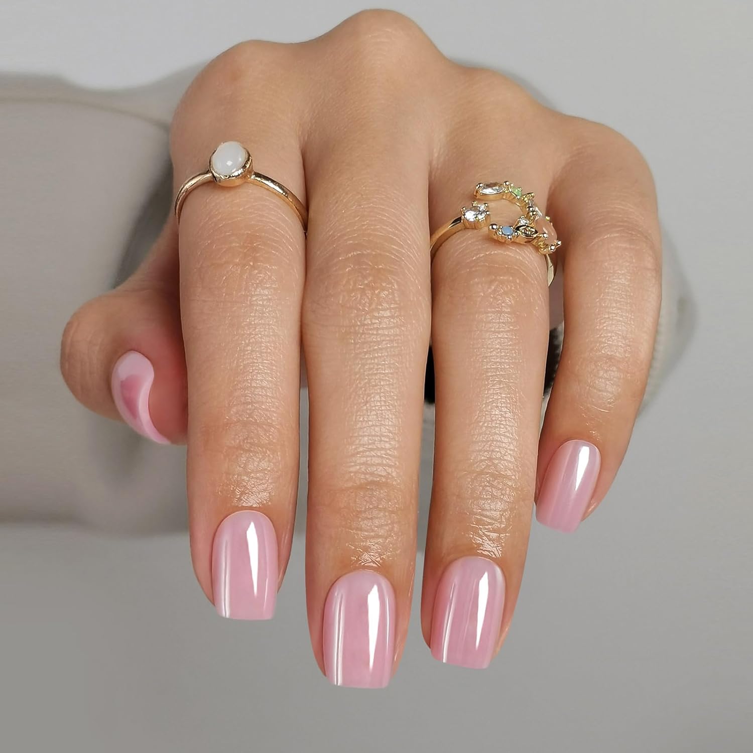 Pink Chrome Press on Nails Square - Soft Gel Press on Nails Short for Women Gift, Glossy Stick on Nails with Glue in 16 Sizes - 32 Reusable Fake Nails, Aurora Light Pink