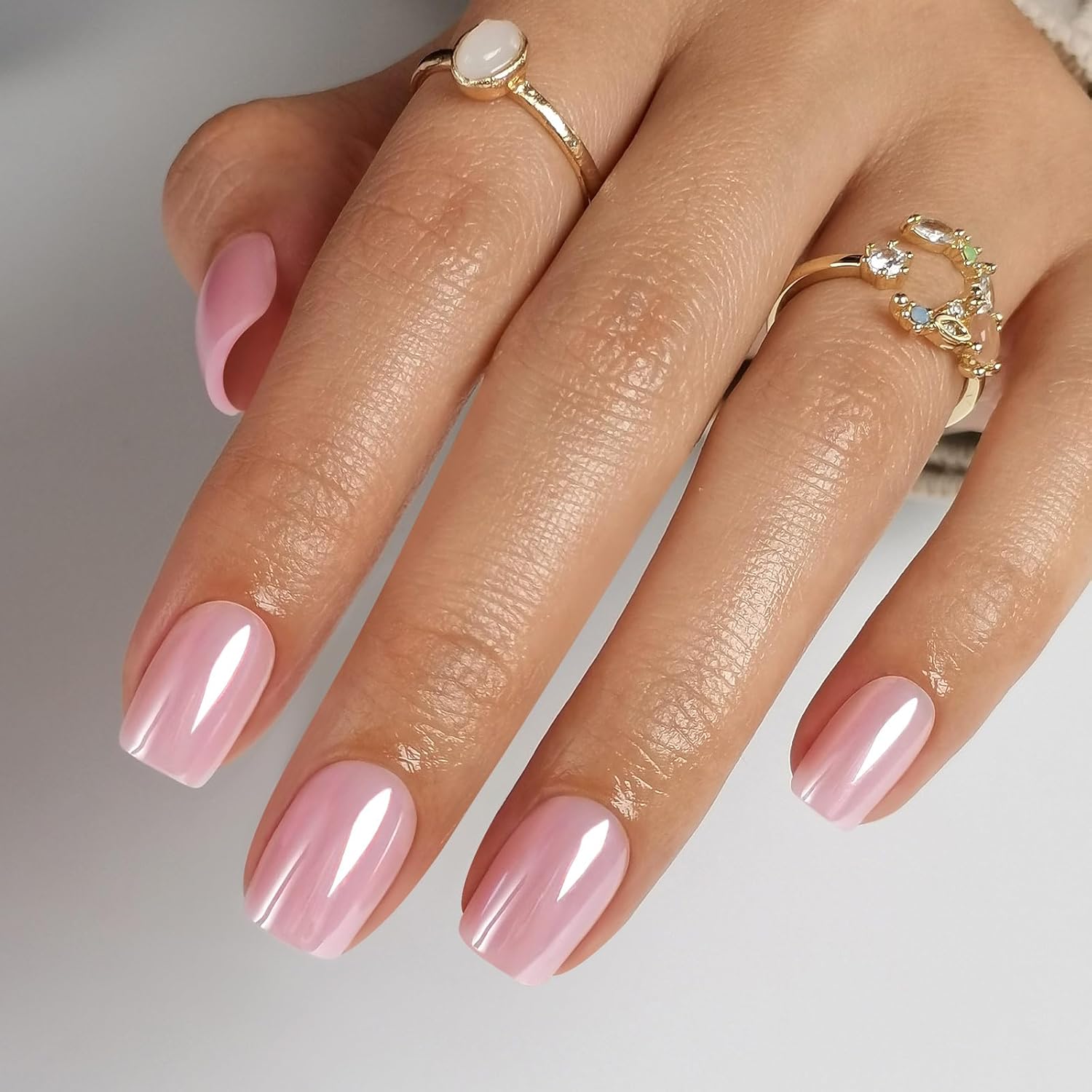 Pink Chrome Press on Nails Square - Soft Gel Press on Nails Short for Women Gift, Glossy Stick on Nails with Glue in 16 Sizes - 32 Reusable Fake Nails, Aurora Light Pink - Image 7