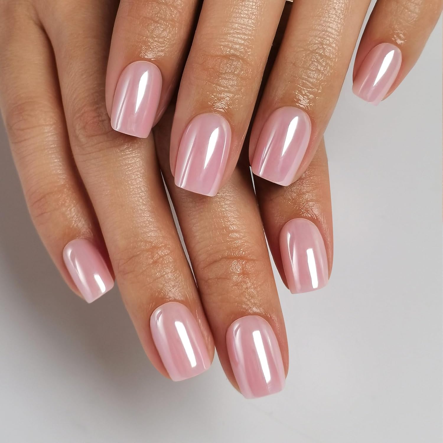 Pink Chrome Press on Nails Square - Soft Gel Press on Nails Short for Women Gift, Glossy Stick on Nails with Glue in 16 Sizes - 32 Reusable Fake Nails, Aurora Light Pink - Image 8