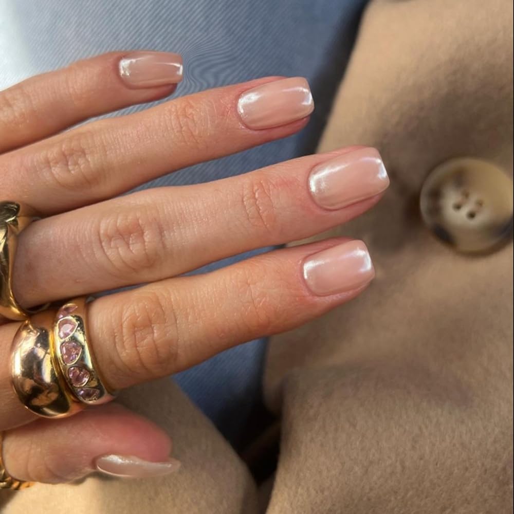 Pink Glazed Donut Press on Nails Short Square, Coral Pink Chrome Nails Press ons for Women, Aurora Glue on Nails Short Coffin, Reflective Mirror Shinny Acrylic Nails Light Weight & Fit Perfectly - Image 3