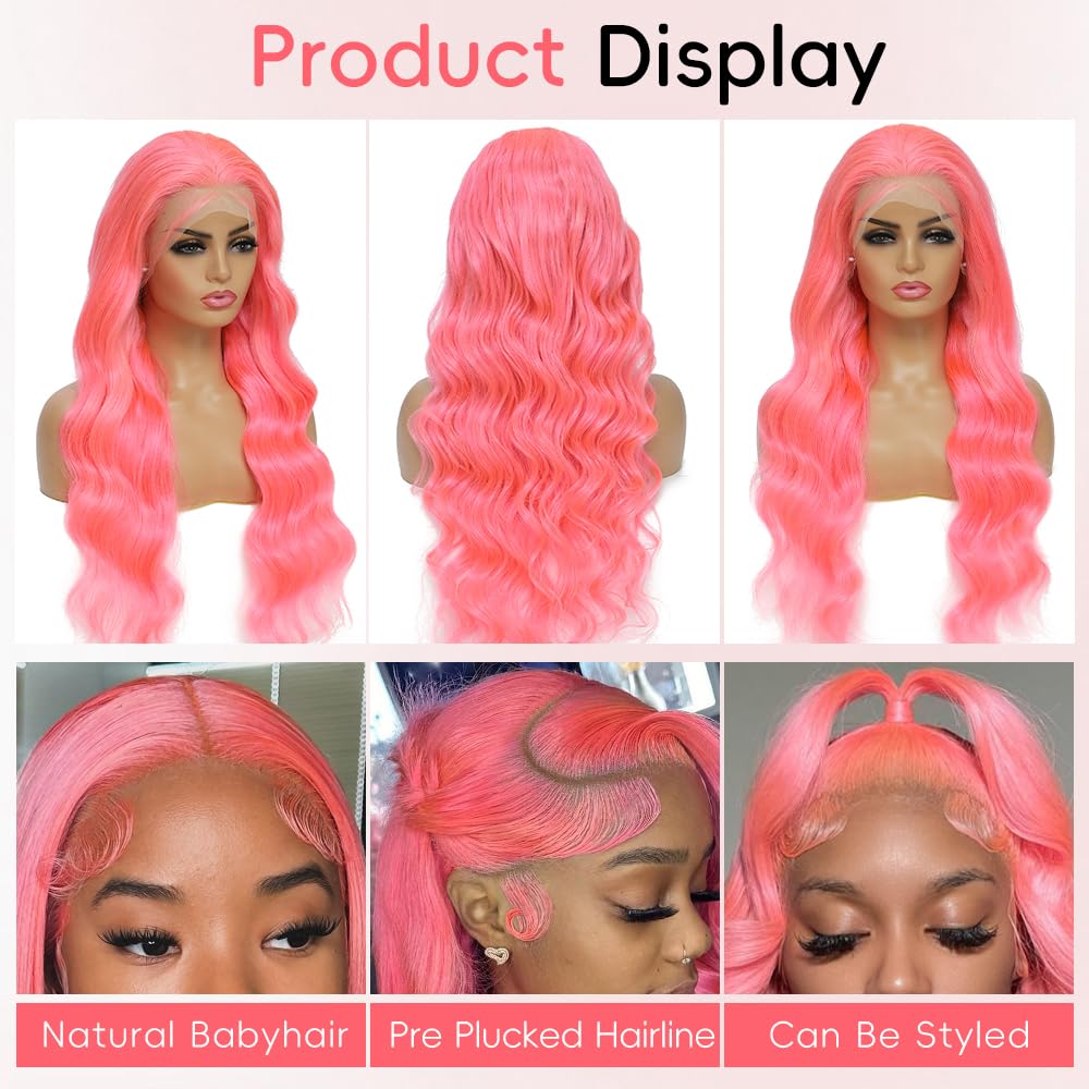 Pink Lace Front Wig Human Hair 13x4 HD Lace Front Wigs Human Hair Pre Plucked Body Wave Pink Human Hair Wig 200% Density Colored Frontal Wigs Human Hair 24 Inch - Image 4