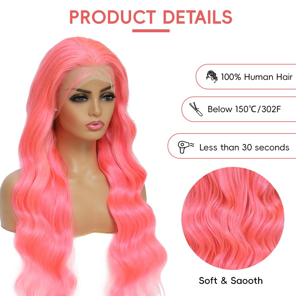 Pink Lace Front Wigs Human Hair 13x4 HD Body Wave Lace Front Wigs Human Hair Pre Plucked Frontal Wig 180% Density Colored Pink Human Hair Wig Glueless Wigs 24 Inch - Image 2