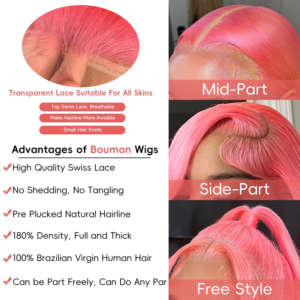 Pink Lace Front Wigs Human Hair 13x4 HD Body Wave Lace Front Wigs Human Hair Pre Plucked Frontal Wig 180% Density Colored Pink Human Hair Wig Glueless Wigs 24 Inch - Image 6