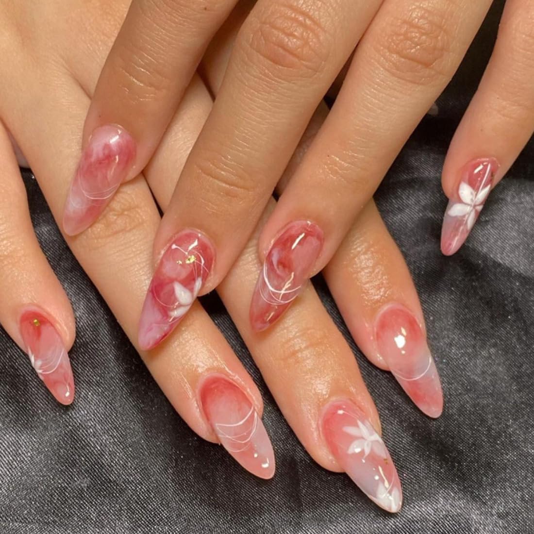 Pink Marble Press on Nails Almond Short Medium Fake Nails with Ombre Flower Designs Glue on Nails for Women Gel Stick on Nails for Wedding Acrylic Manicure Pressons Nails Classy False Nails