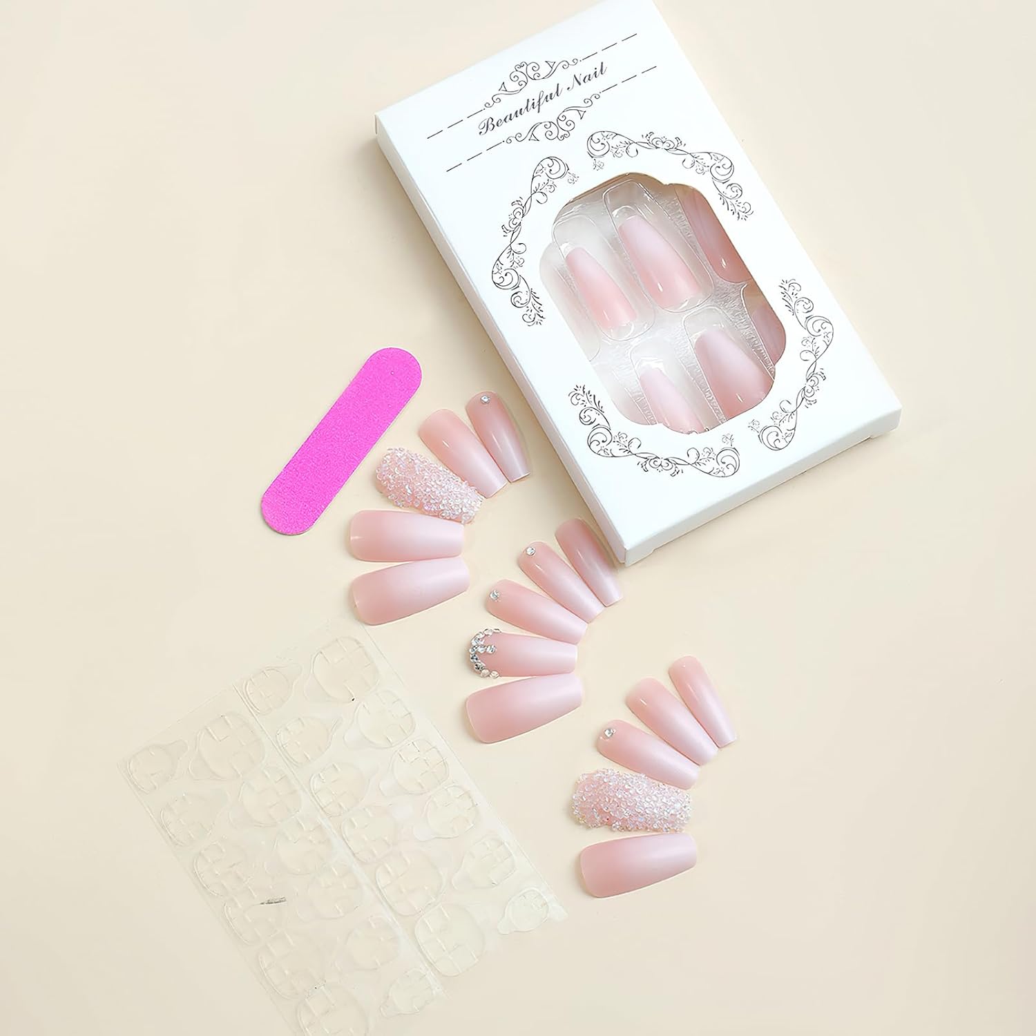 Pink Press on Nails Long Square Coffin Fake Nails Pink White Ombre Full Cover Acrylic Nails Glossy Gradient False Nails with Design Rhinestone Stick on Nails for Women Girls Manicure 24Pcs - Image 3